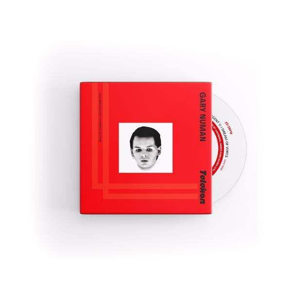 Roter CD-Case mit Gary Numans Gesicht in einem Quadrat. Daneben eine CD. Text: 'Telekon' und 'Dream of Wires'.