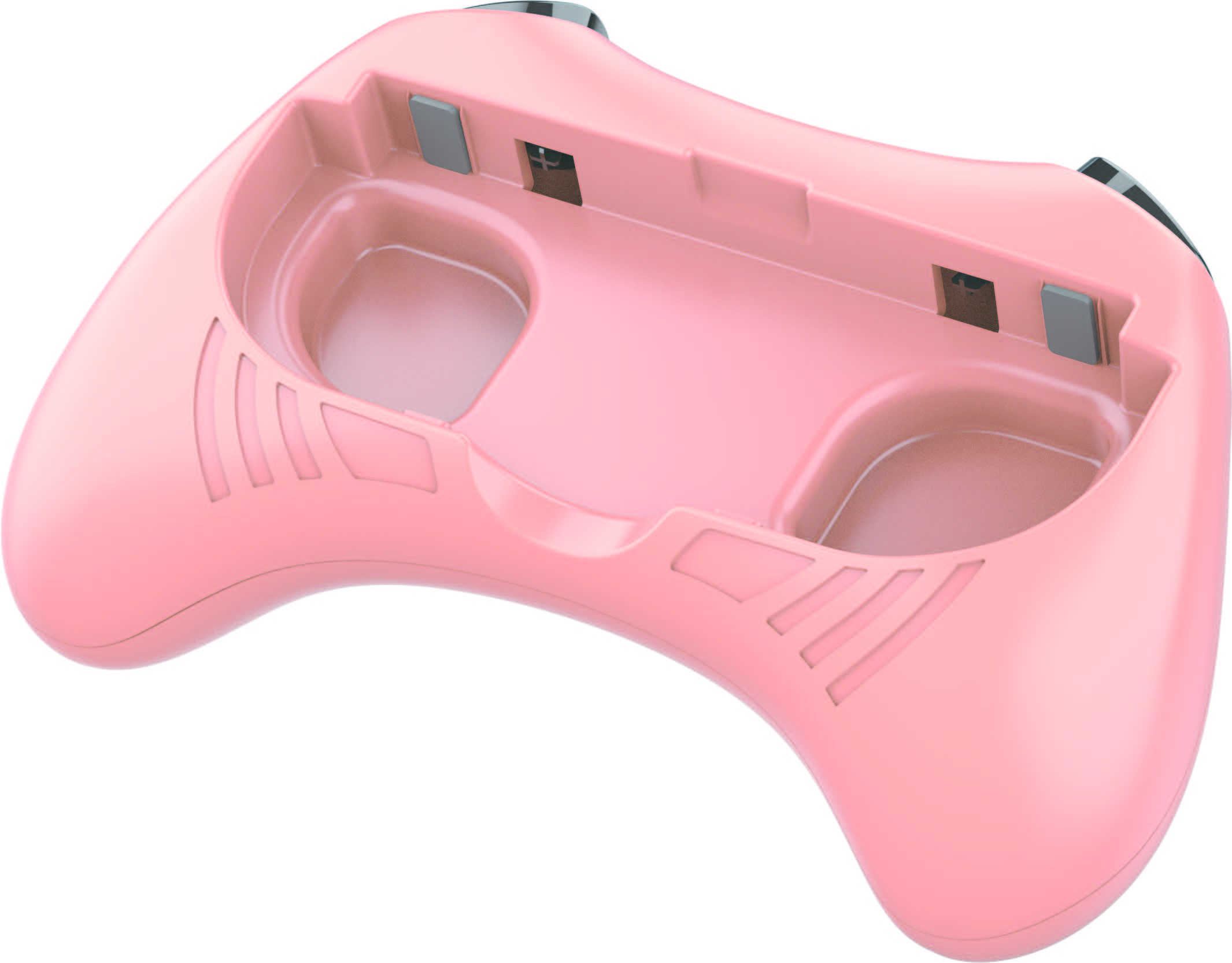 Różowa obudowa kontrolera do gier. Ma dwa otwory i dwa szare prostokąty. Kształt jest ergonomiczny z gładką powierzchnią.