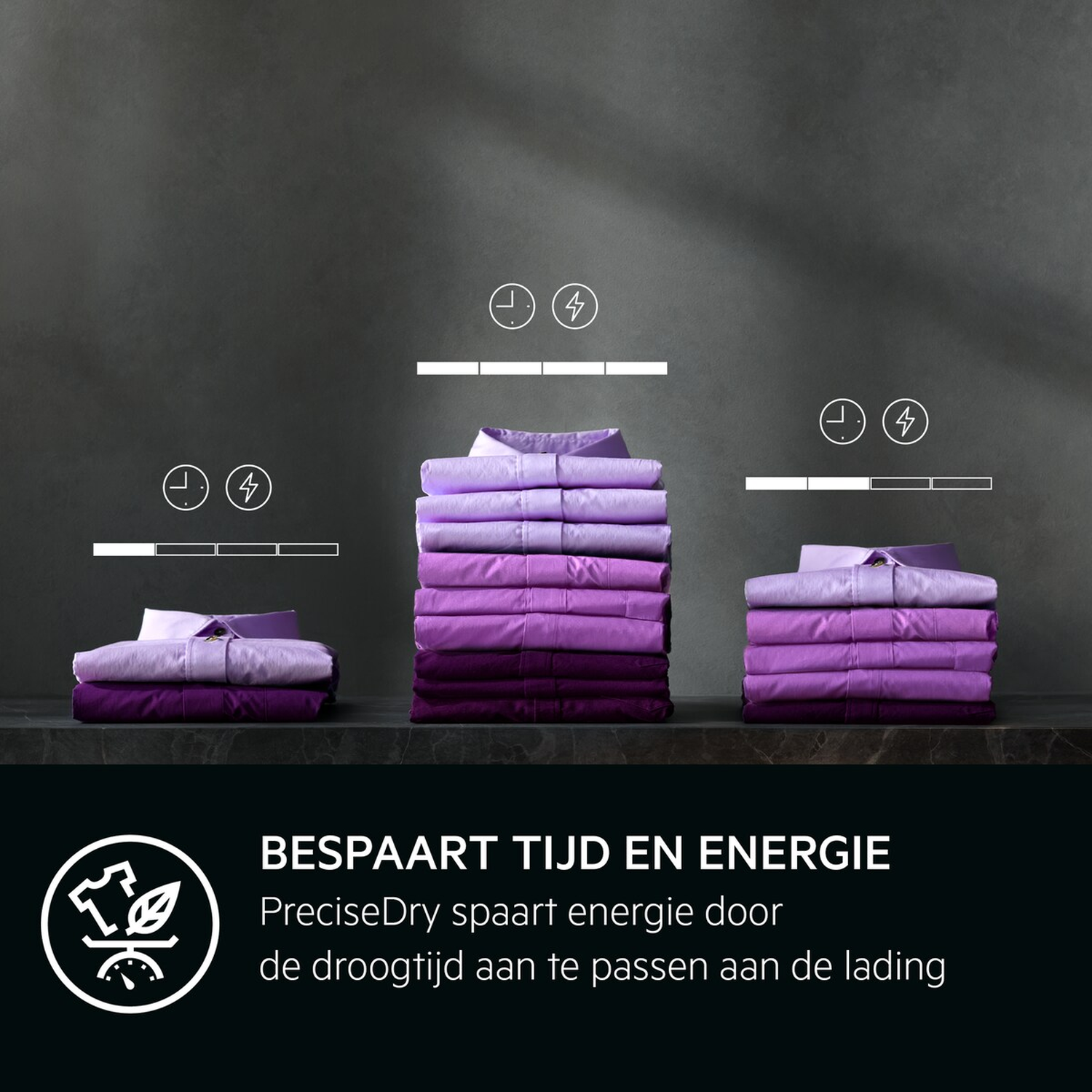 Afbeelding toont stapels paarse shirts met energie- en tijdiconen. Tekst zegt 'Bespaart tijd en energie'.