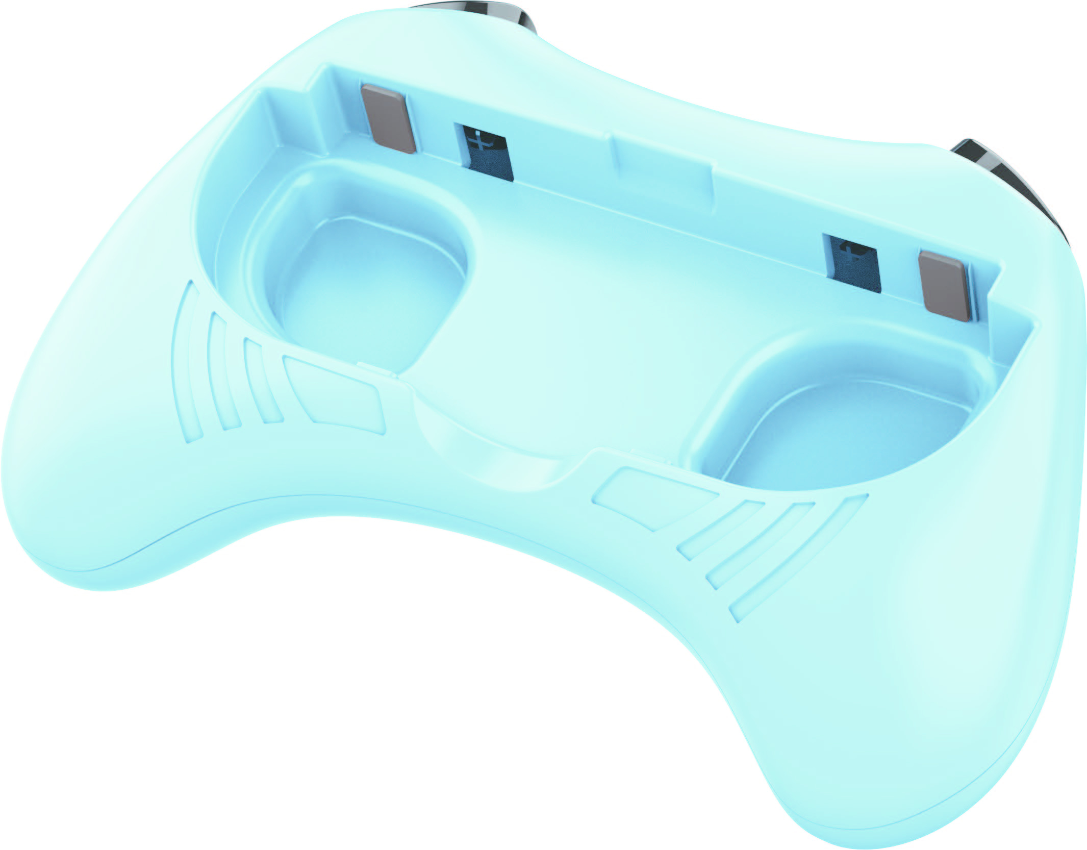 Jasnoniebieska podstawa kontrolera do gier z dwoma zaokrąglonymi uchwytami i dwoma szarymi prostokątnymi wkładkami.
