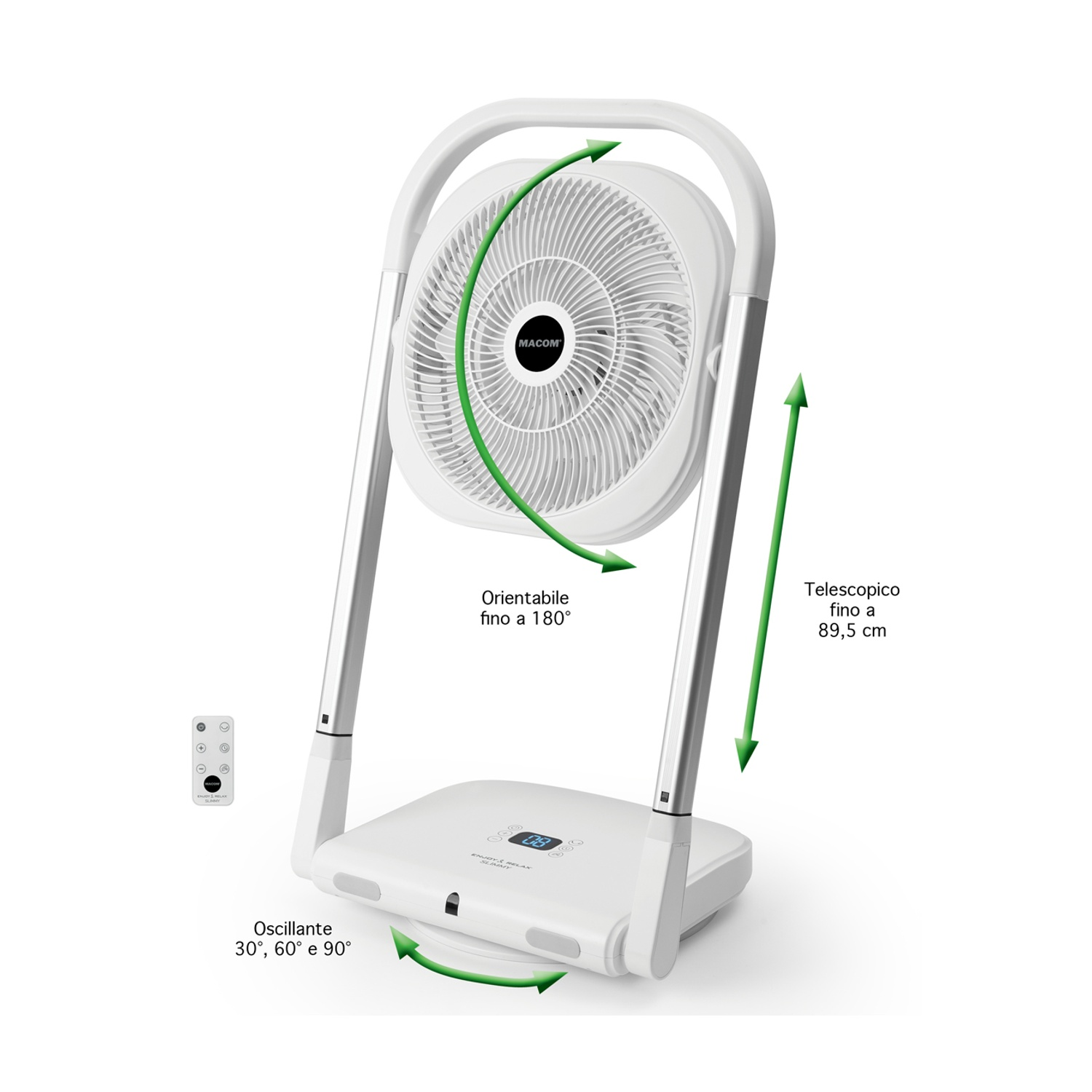 Un ventilatore MACOM bianco e argento con telecomando. Ha oscillazione regolabile, telescopico fino a 89,5 cm e orientabile fino a 180 gradi.