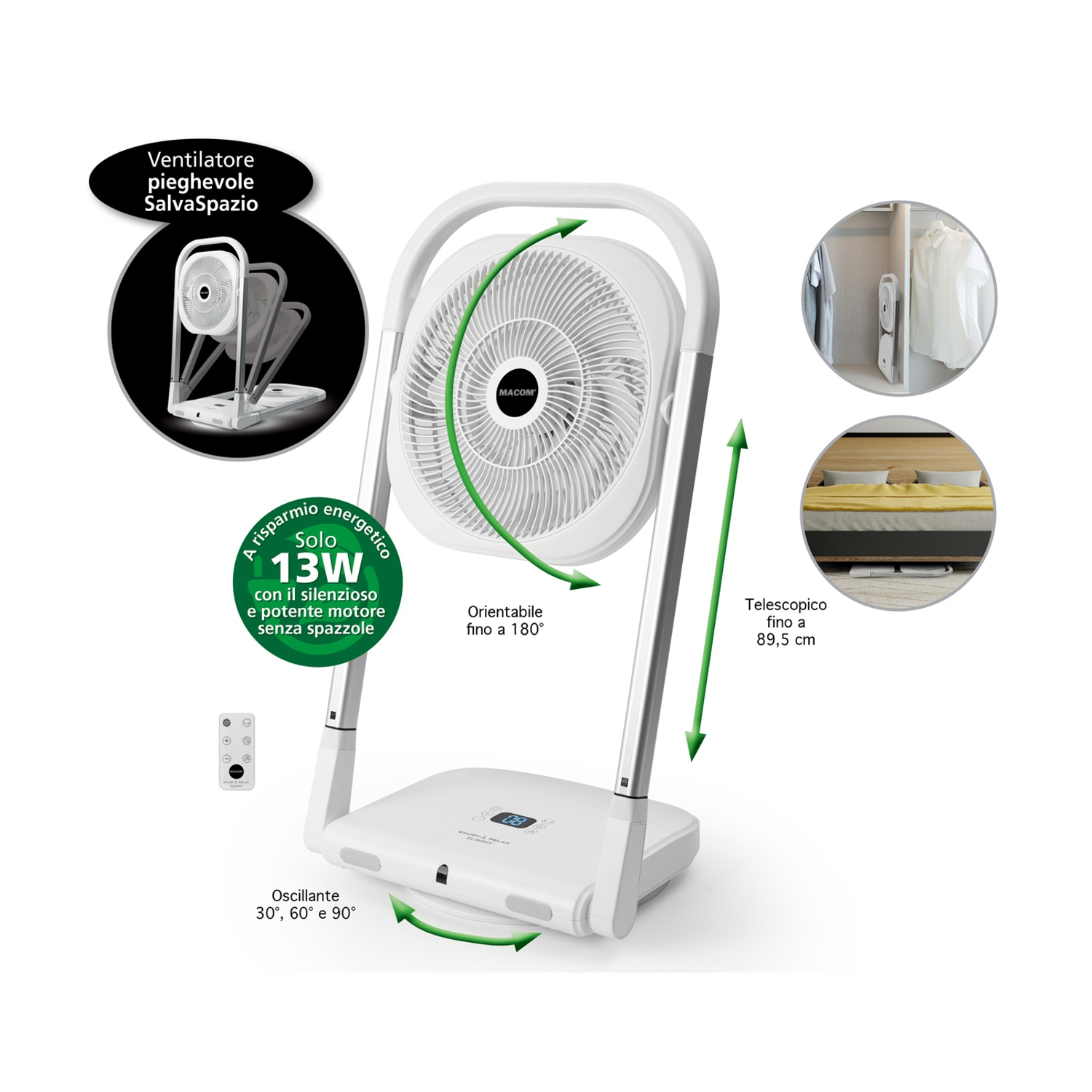 Ventilatore bianco pieghevole con base. Funzioni: altezza regolabile, oscillazione e telecomando.