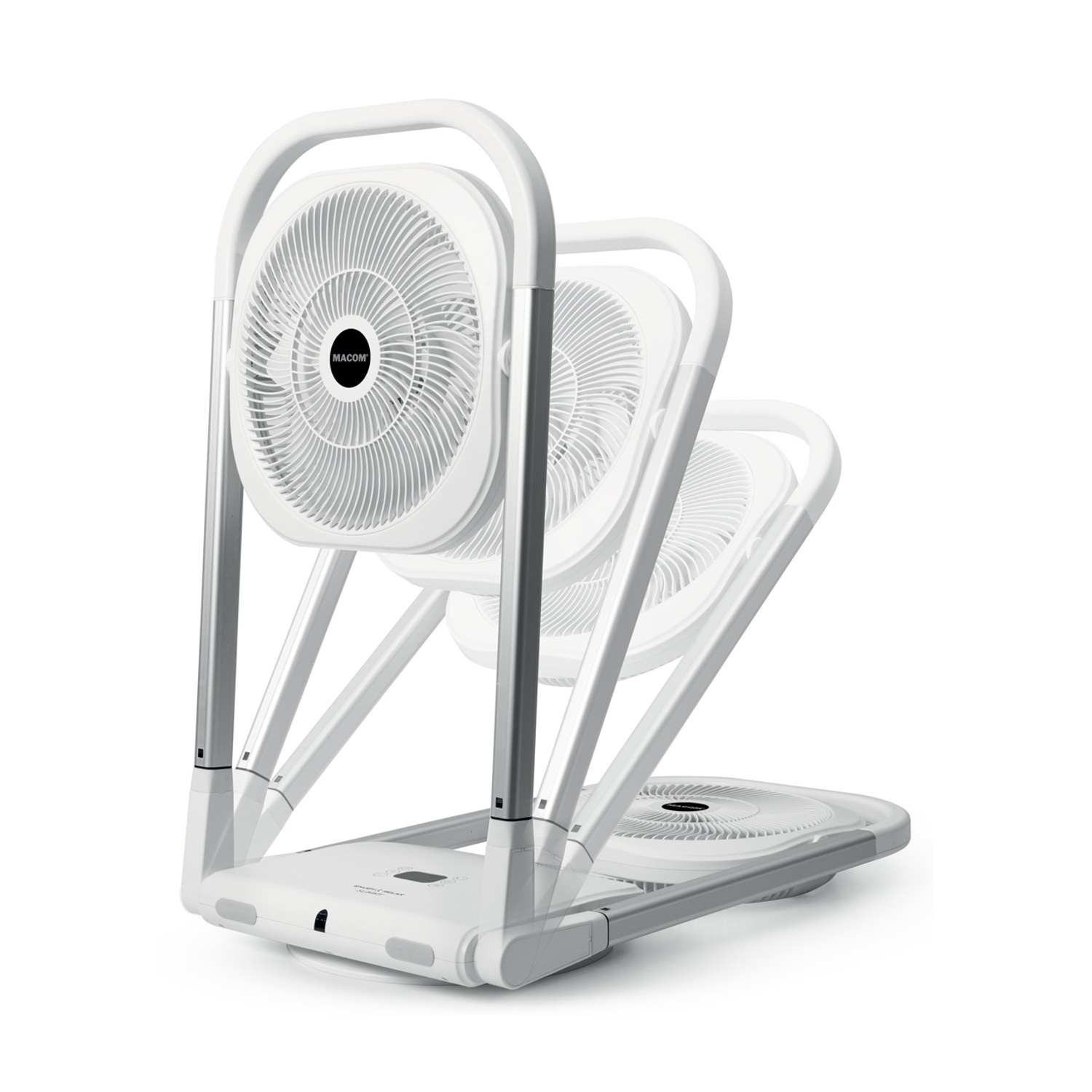 È mostrato un ventilatore bianco a tre livelli. Il ventilatore ha un design circolare con il marchio "MACOM" al centro.
