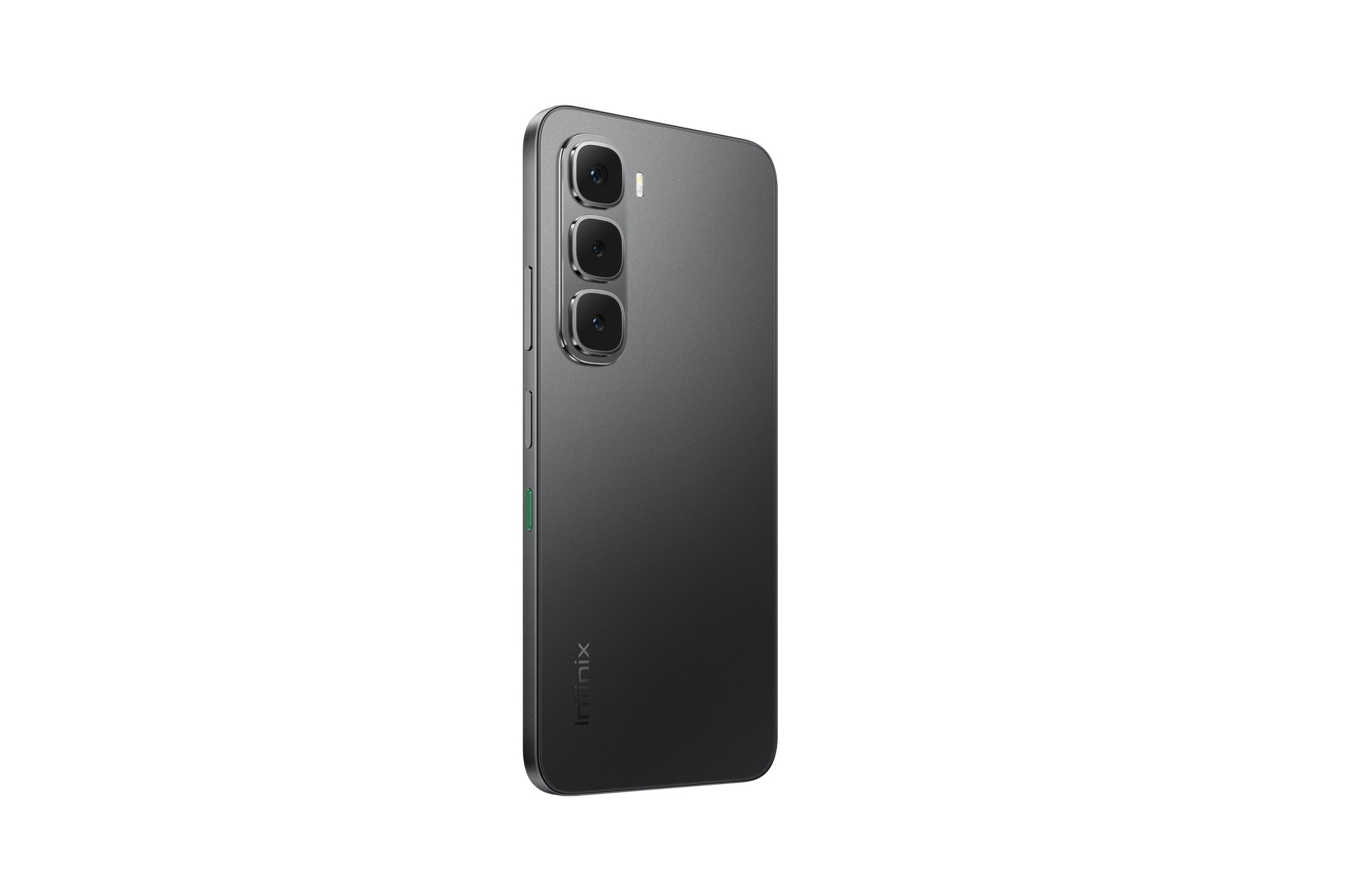 Beyaz zemin üzerinde üç kameralı, koyu gri bir akıllı telefon. 'Infinix' markası görünür.