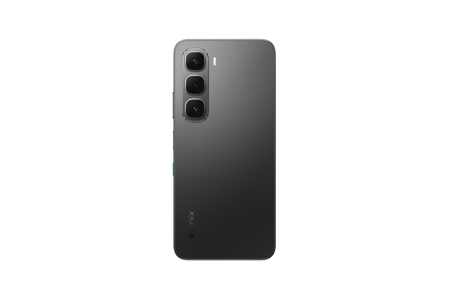 Siyah bir Infinix akıllı telefonun arkası. Üç kamera dikey olarak hizalanmıştır. Infinix logosu altta yer almaktadır.