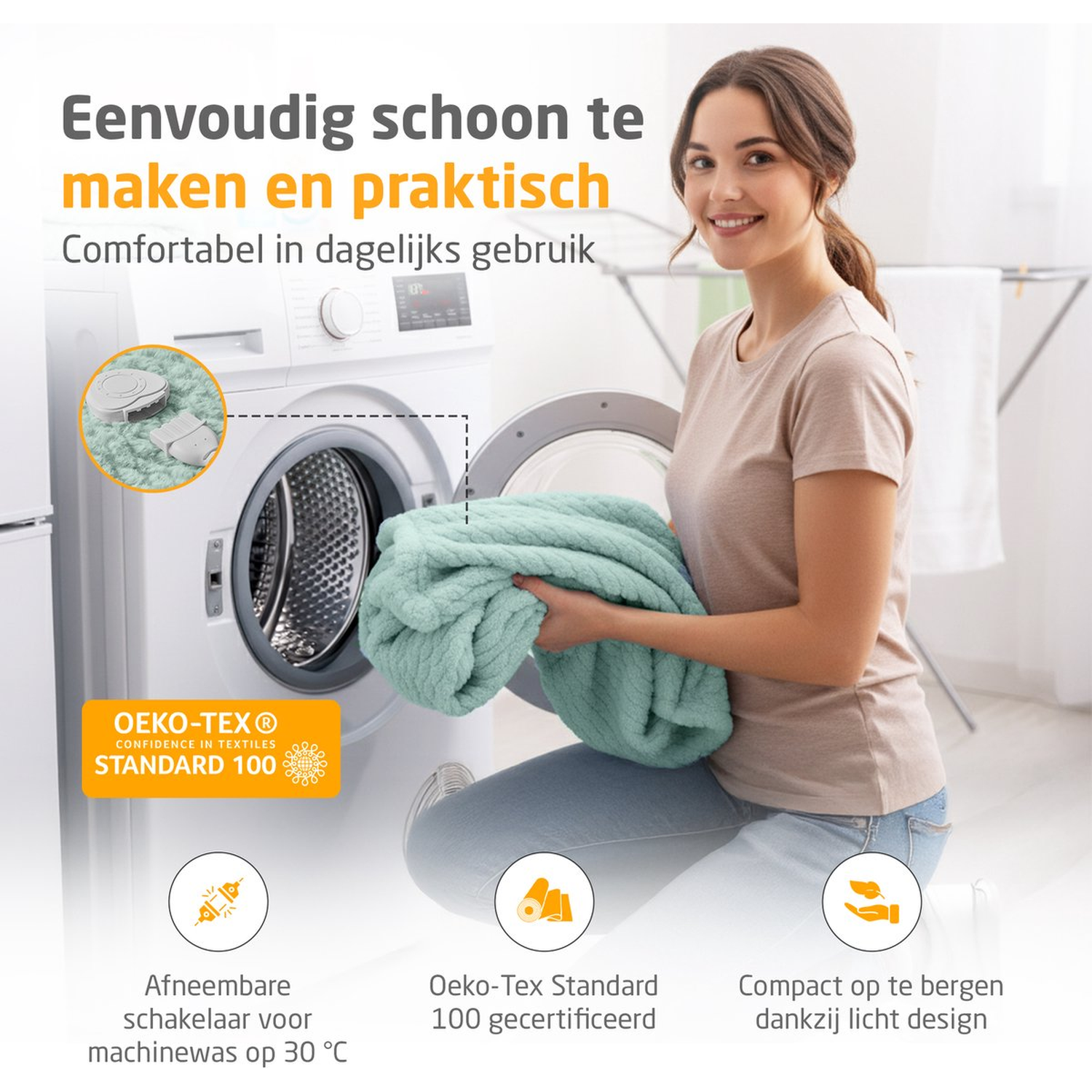 Woman puts a teal blanket in a washing machine. Text on the machine and signs highlight the blanket's features and certifications.