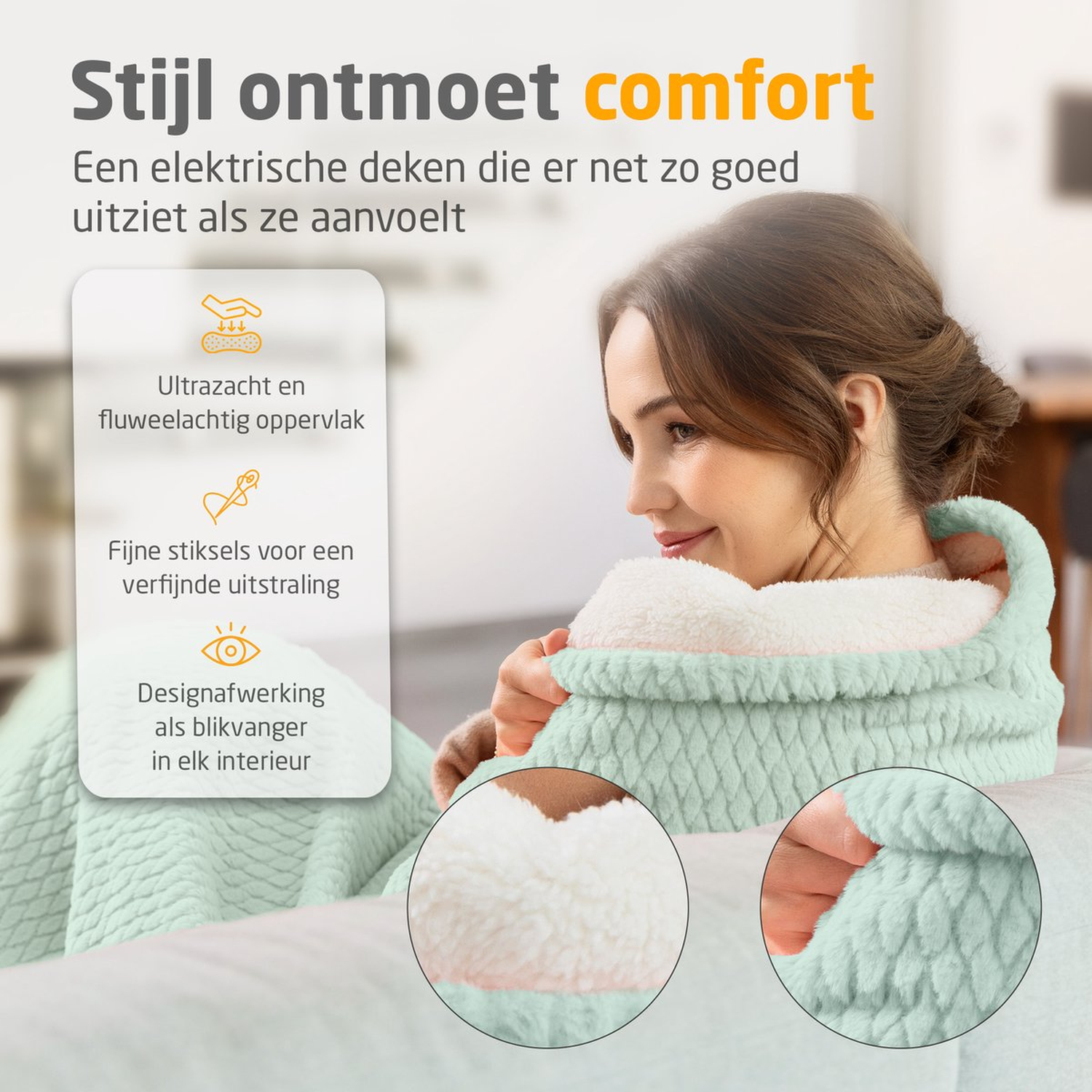 A woman wrapped in a soft, green blanket. Text in Dutch advertises the blanket's comfort and design.