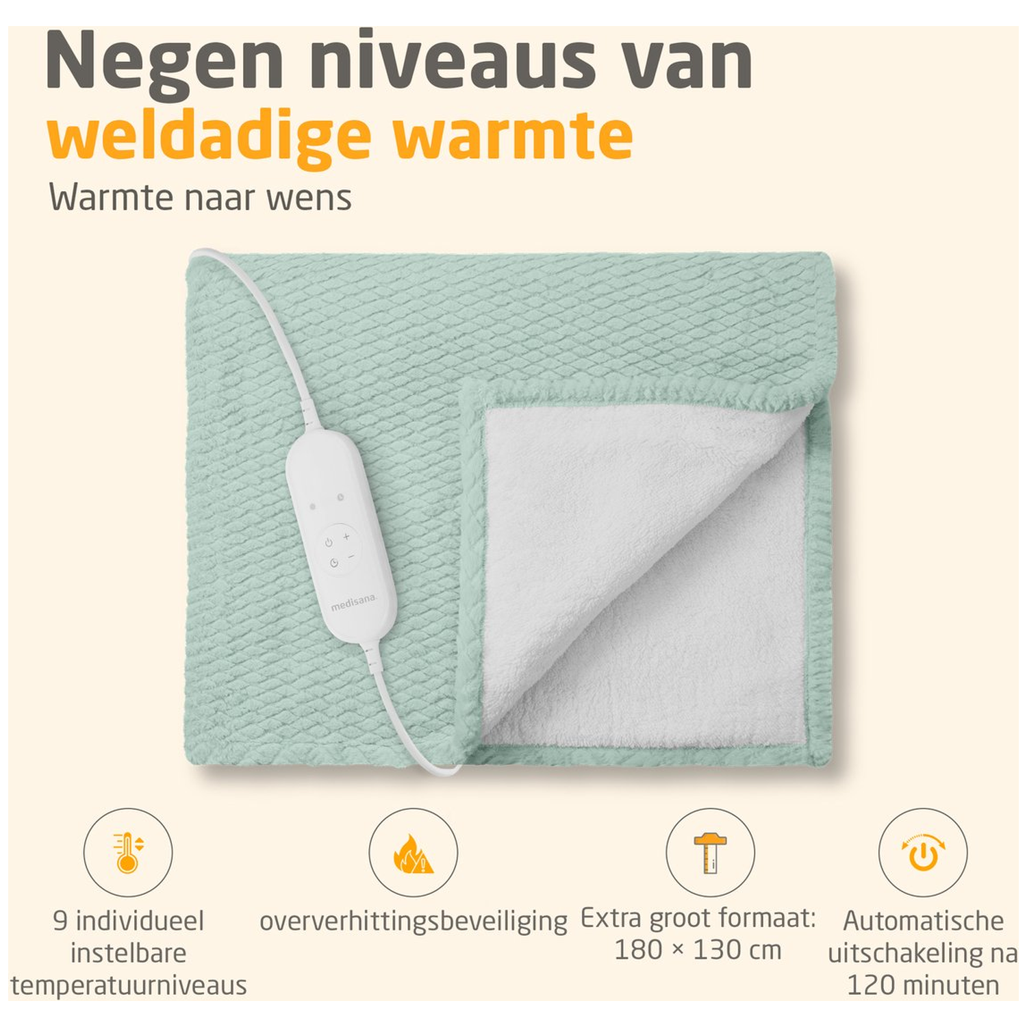 A mint-colored heating pad with a control panel and white interior, text indicates features such as temperature levels and automatic shutoff.