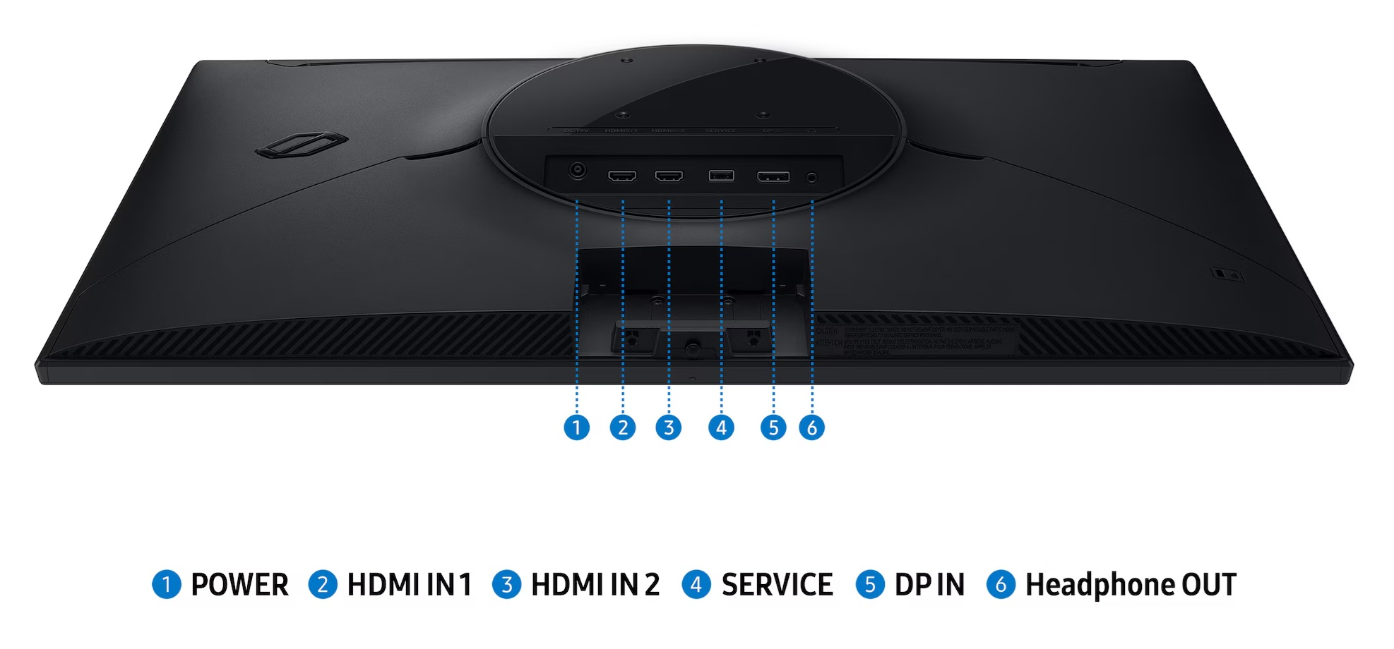 Tył czarnego monitora. Porty: zasilanie, HDMI in 1 & 2, serwis, DP in i wyjście słuchawkowe. Tekst: Uwaga.