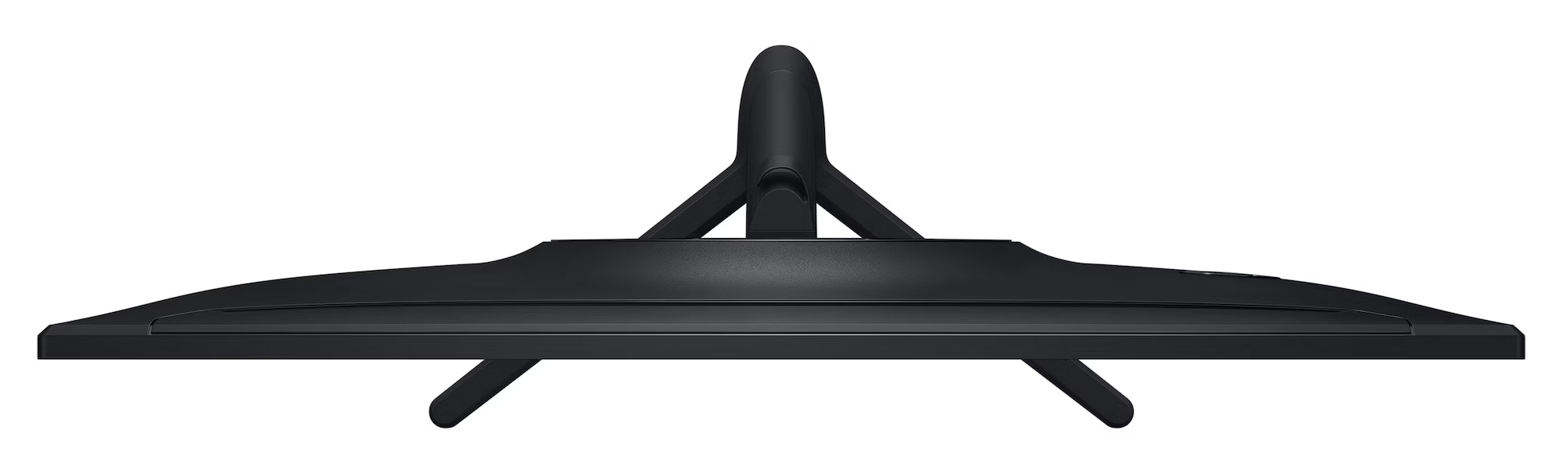 Czarny monitor komputerowy, widziany od dołu, pokazujący ekran, podstawę i nogi wspornikowe na białym tle.