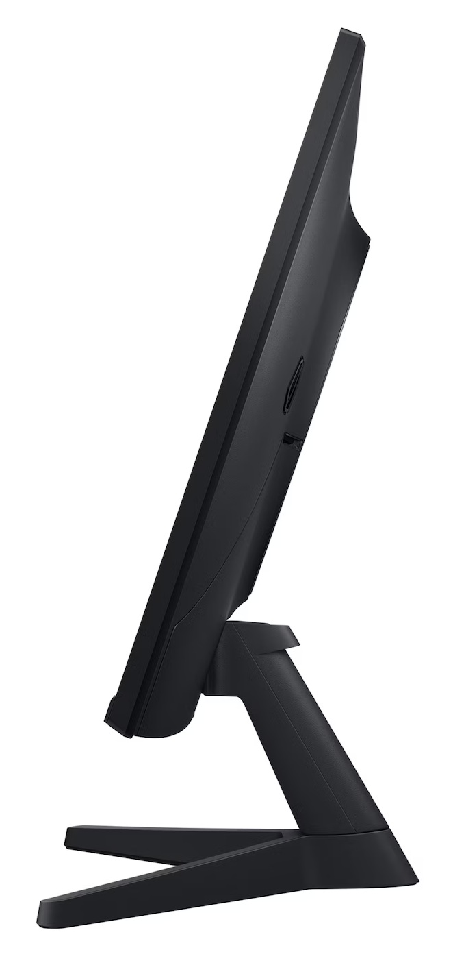 Widok z boku czarnego monitora. Ma podstawę i jest na białym tle.