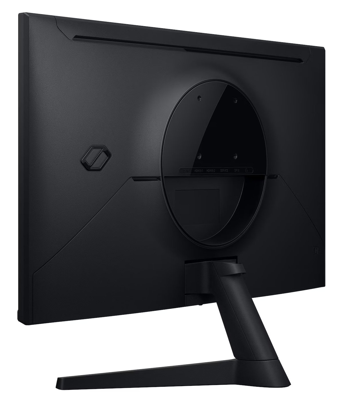 Tył czarnego monitora komputerowego. Ma okrągłe wcięcie, porty i podstawkę.
