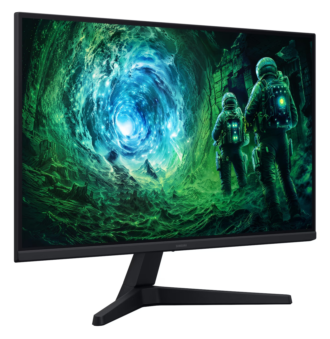 Monitor wyświetla wirującą zielono-niebieską scenę kosmiczną. Dwóch astronautów stoi przed sceną.