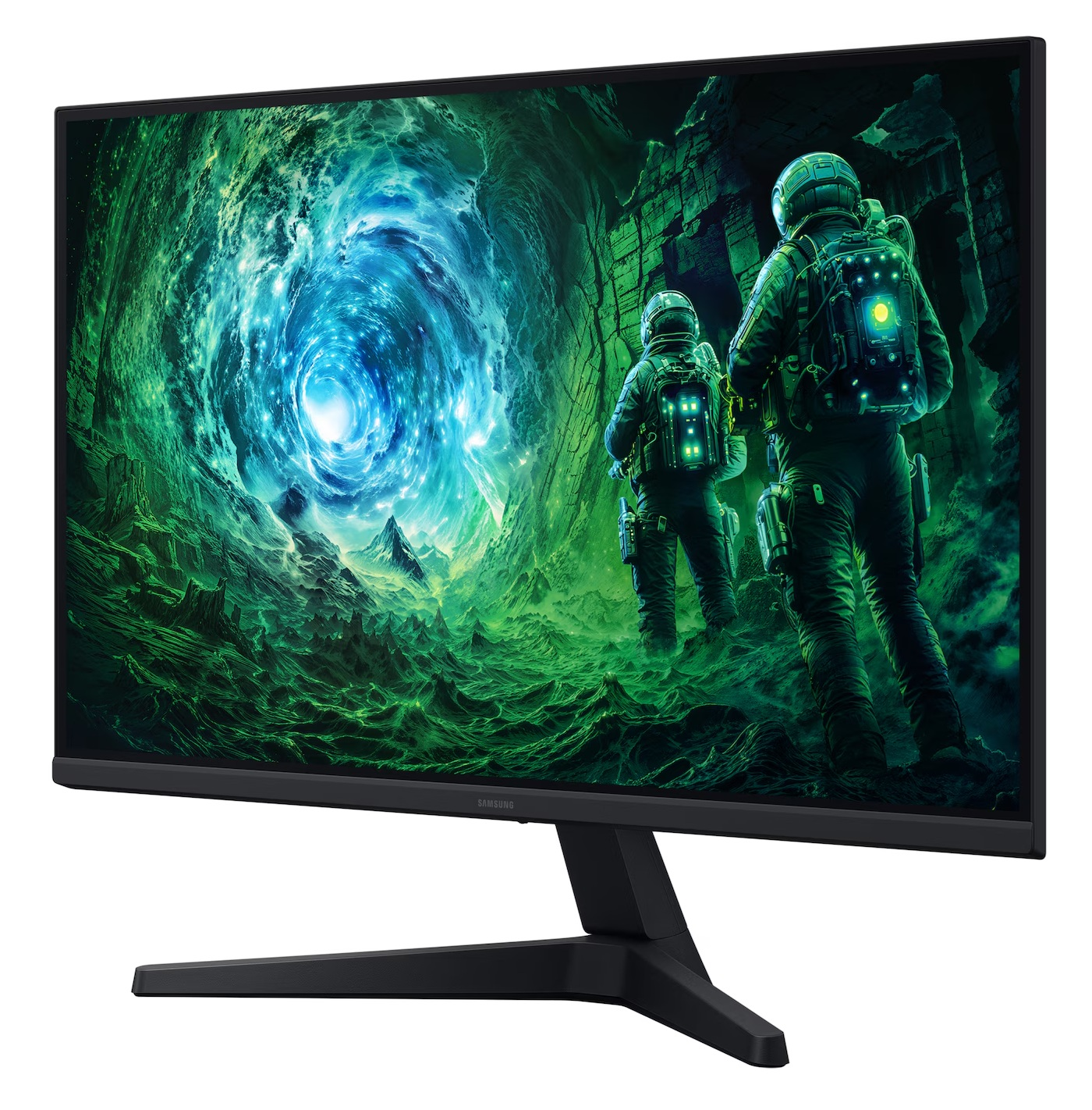Monitor wyświetla astronautów w zielonym krajobrazie z wirującym portalem. Monitor Samsung z czarną podstawą.