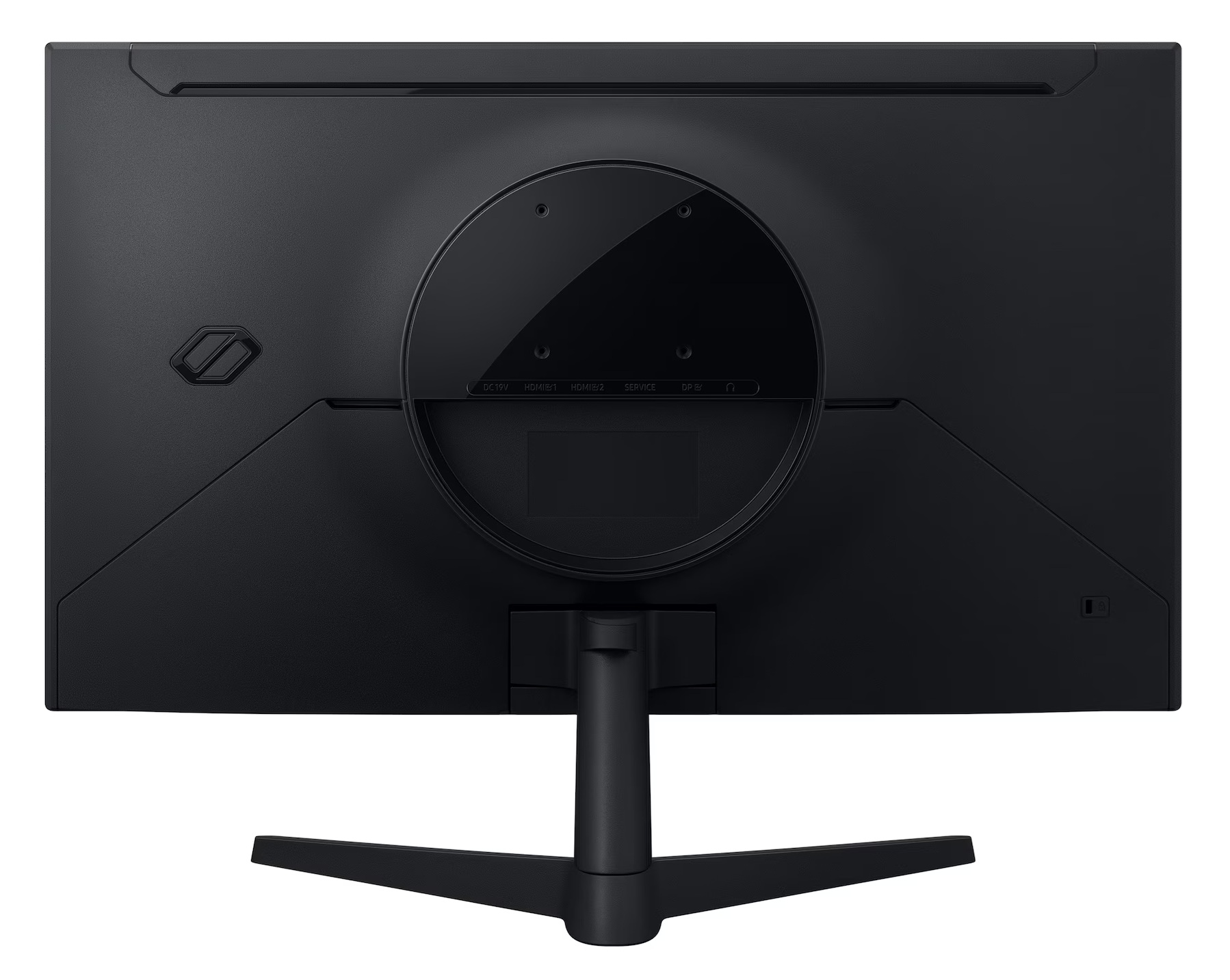 Pokazano tył czarnego monitora komputera. Ma okrągłą sekcję pośrodku z portami. Stojak jest również czarny.