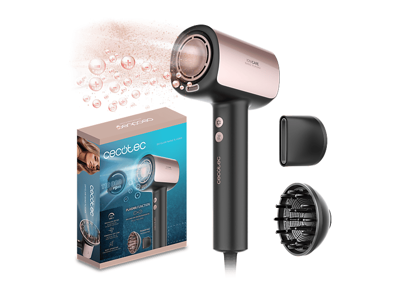 Secador - Cecotec DryGlam Nano Plasma, 1600W, 3 velocidades, temperaturas, Concentrador, Difusor, 110.000 RPM, Función plasma, Negro