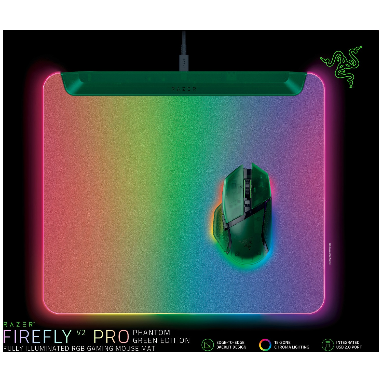 Een Razer Firefly V2 Pro muismat met een regenboogkleurverloop. Een groene muis ligt erop. Groen Razer-logo is zichtbaar.