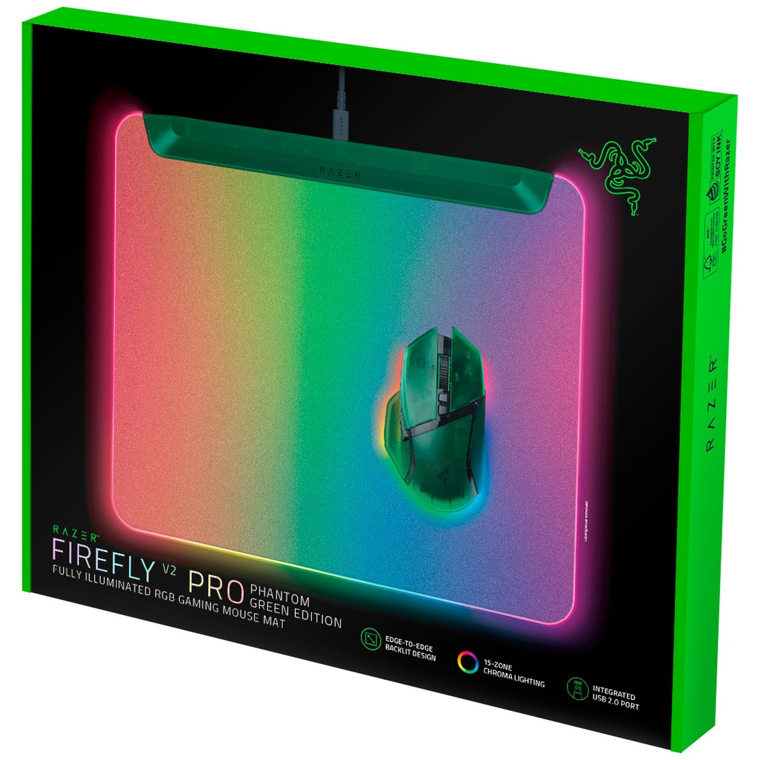 Razer Firefly V2 Pro muismat in doos. Het heeft een groene muis en een kleurrijk oplichtend oppervlak.