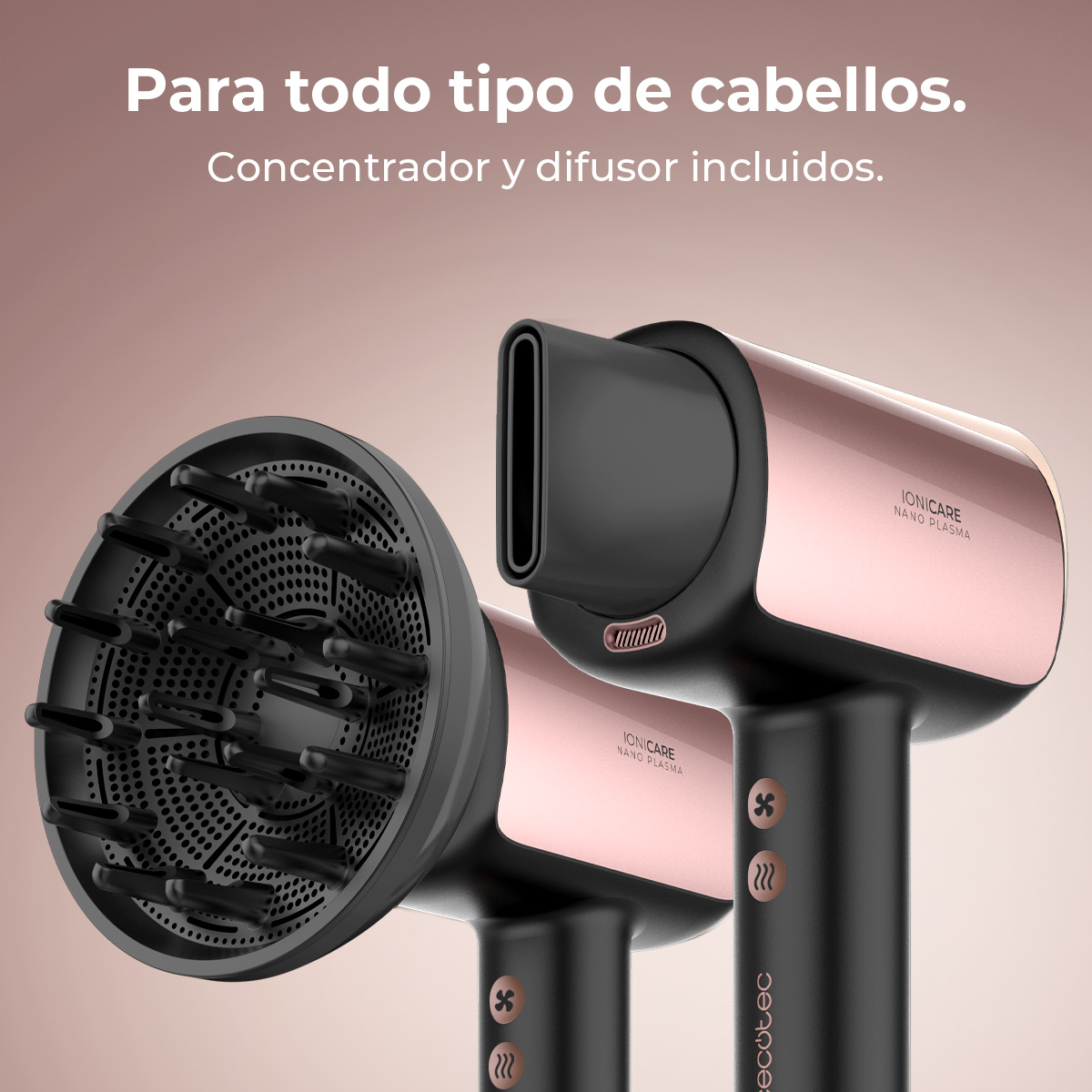 Dos secadores de pelo negros y oro rosa con accesorios. Texto: 'Para todo tipo de cabellos. Concentrador y difusor incluidos.'
