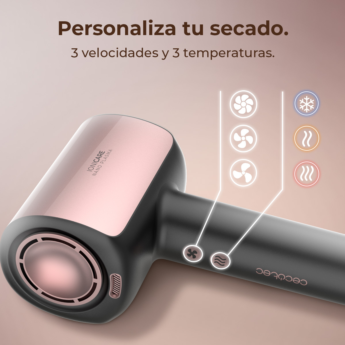 Un secador de pelo negro y oro rosa. El texto dice: "Personaliza tu secado. 3 velocidades y 3 temperaturas." con símbolos de ventilador y calor.