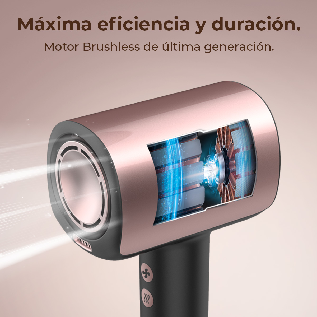 Un secador de pelo rosa dorado y negro, que muestra sus componentes internos. El texto en la parte superior dice: 'Máxima eficiencia y duración'.