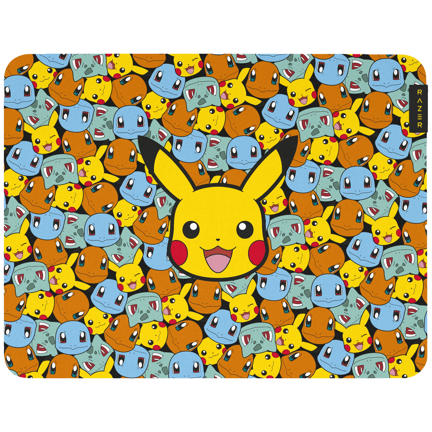 Muispad met een patroon van stripfiguurgezichten, waaronder Pikachu, Bulbasaur, Squirtle en Charmander. Razer-logo rechts.