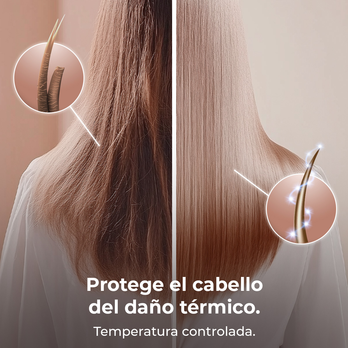 La imagen muestra cabello dañado a la izquierda y sano a la derecha. El texto dice: Protege el cabello del daño térmico. Temperatura controlada.