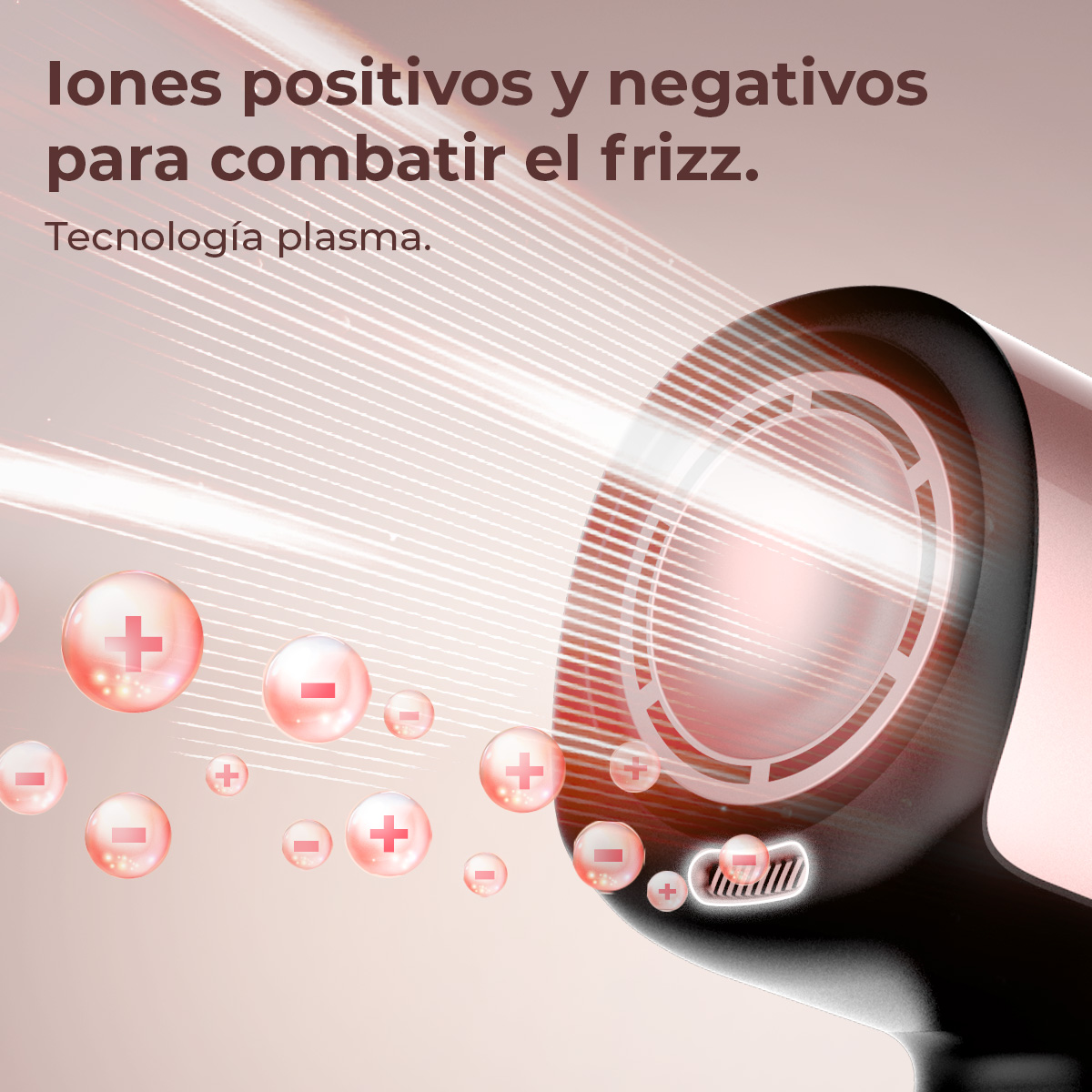 La imagen muestra un secador de pelo con iones positivos y negativos. Esferas rosas con signos más y menos flotan alrededor del secador.