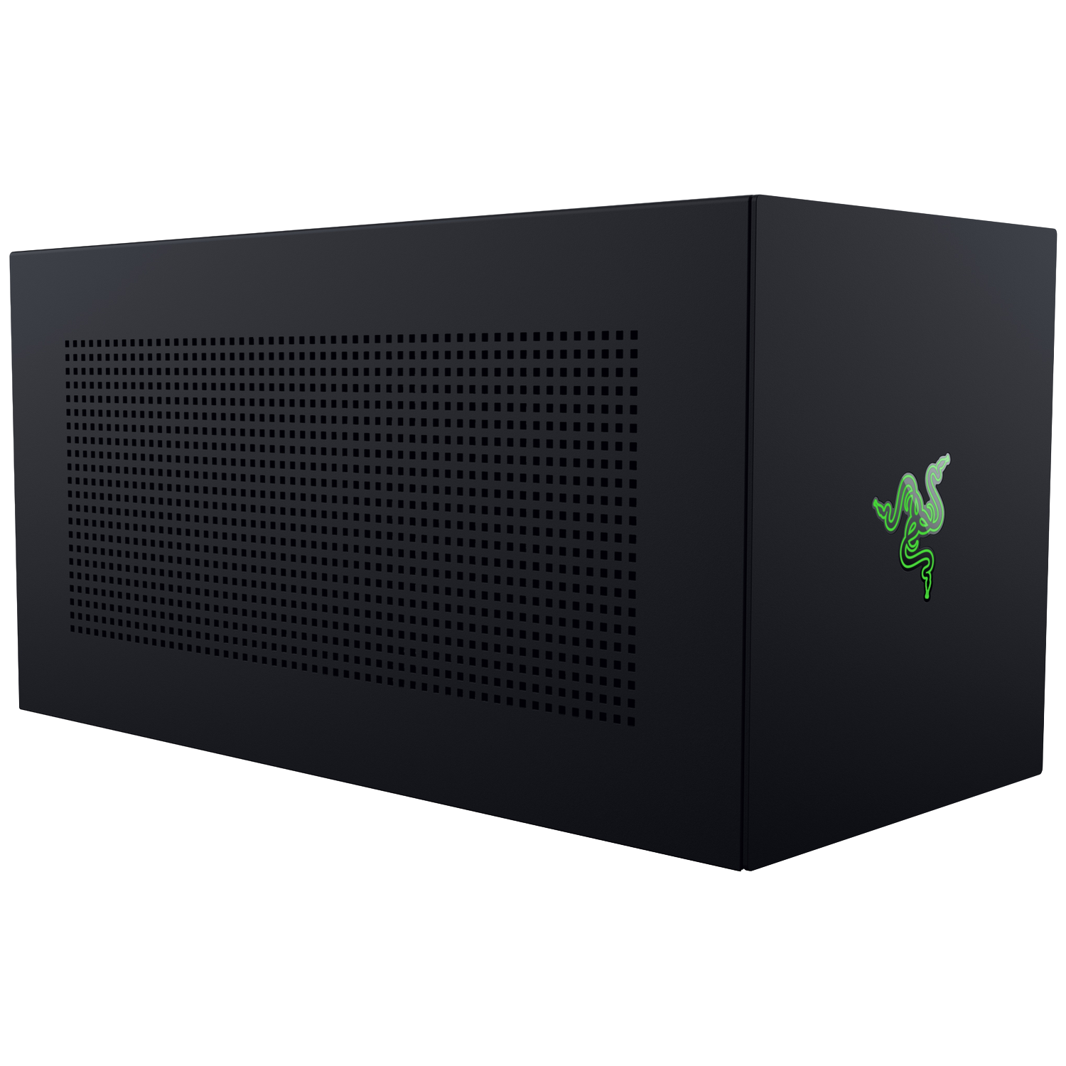 Boîtier d'ordinateur noir avec panneau latéral perforé et logo Razer vert. Sur fond blanc.