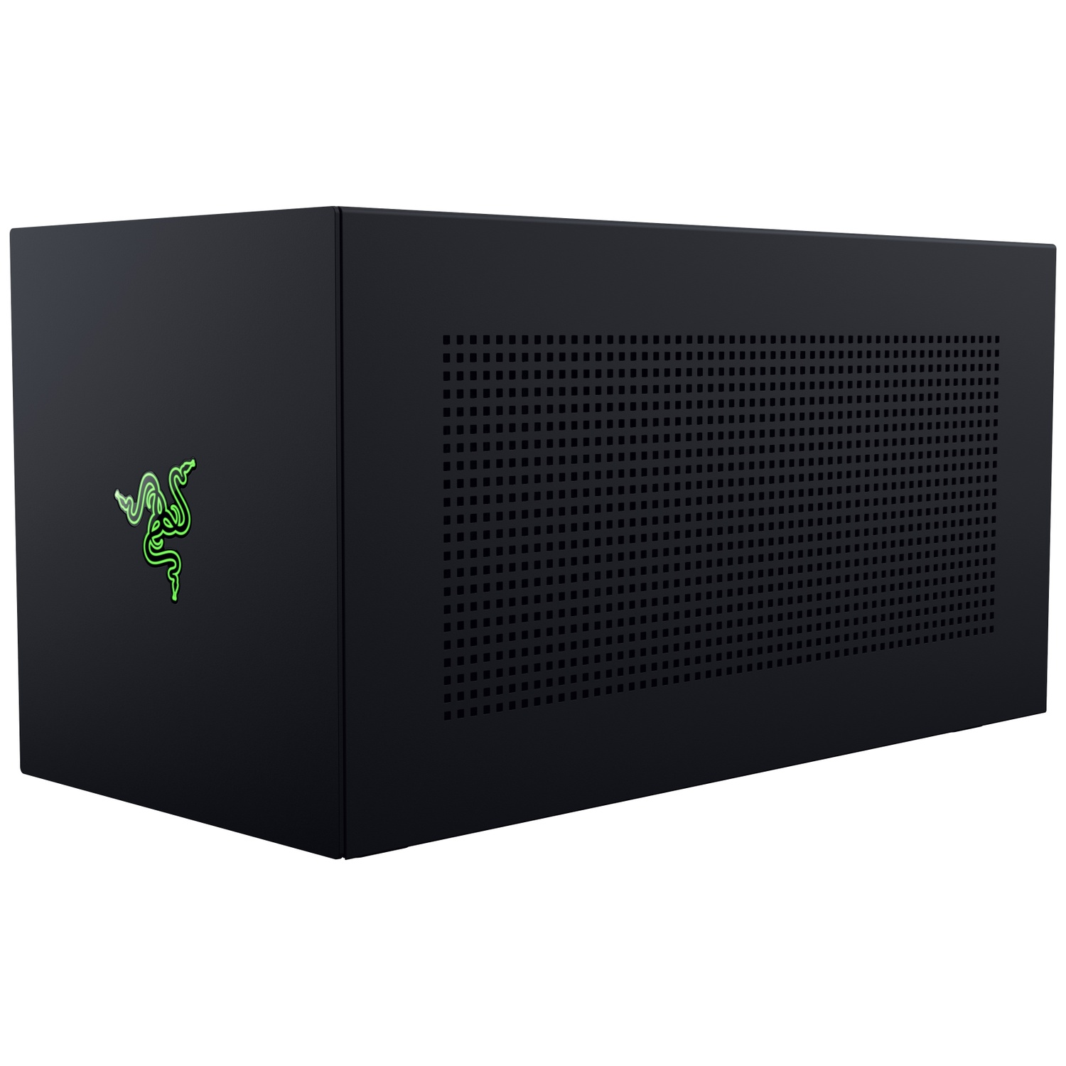 Un boîtier d'ordinateur Razer noir avec le logo Razer vert sur le côté. L'avant comporte des évents carrés.