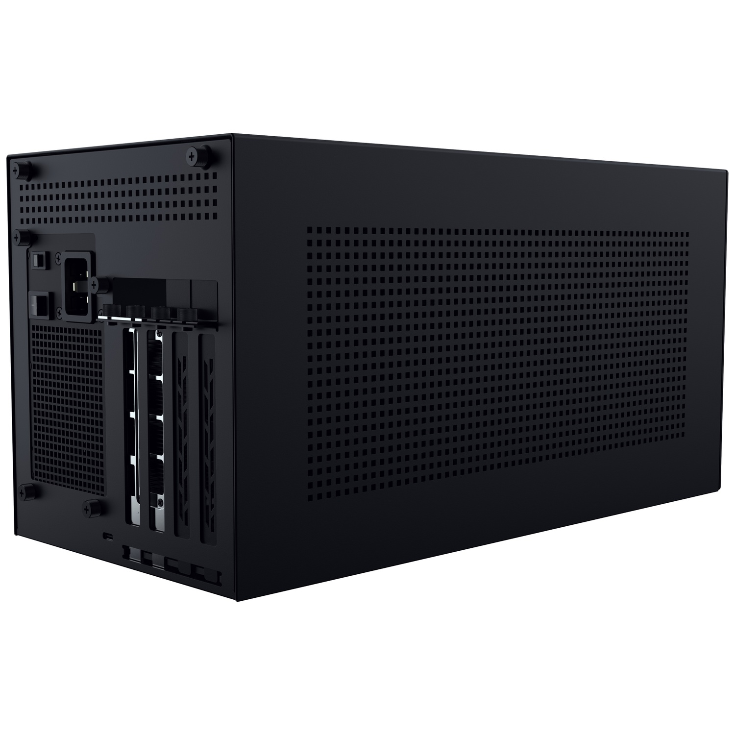 Un boîtier d'ordinateur noir avec un design perforé sur le côté et une série de ports et de connecteurs à l'arrière.