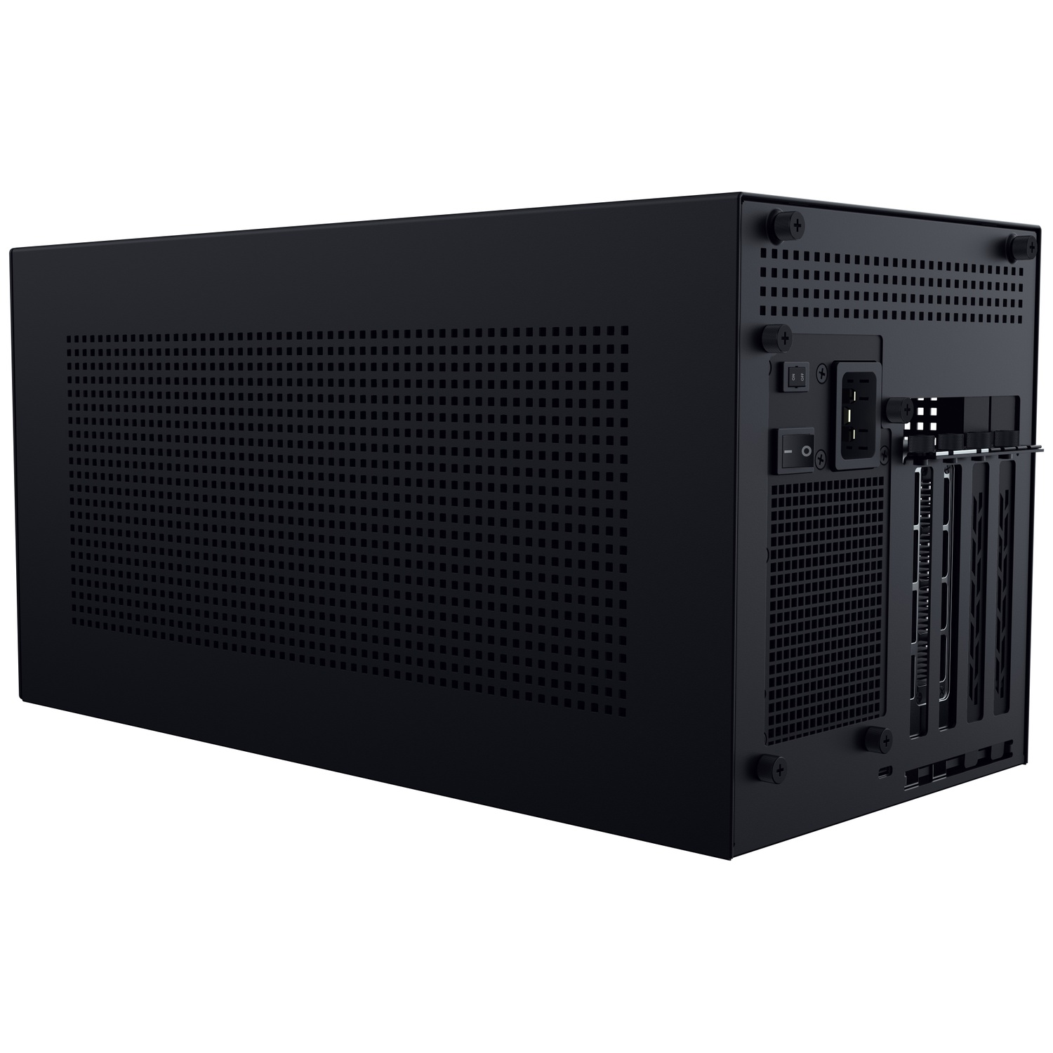 Un boîtier d'ordinateur noir avec des panneaux latéraux perforés et des ports arrière, y compris l'alimentation et des interfaces.