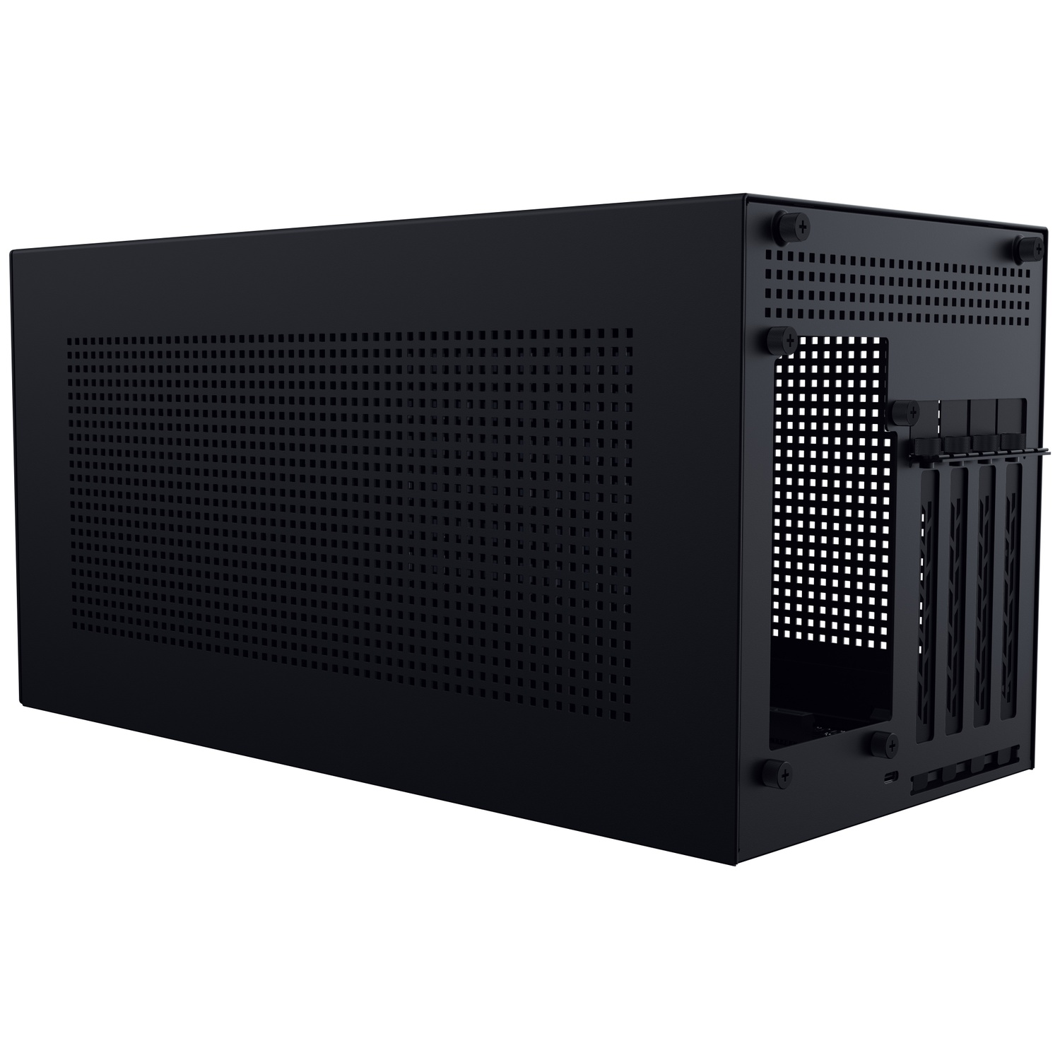 Un boîtier d'ordinateur rectangulaire noir avec des côtés et un dessus perforés. Il a un dos ouvert montrant les composants internes et les vis.