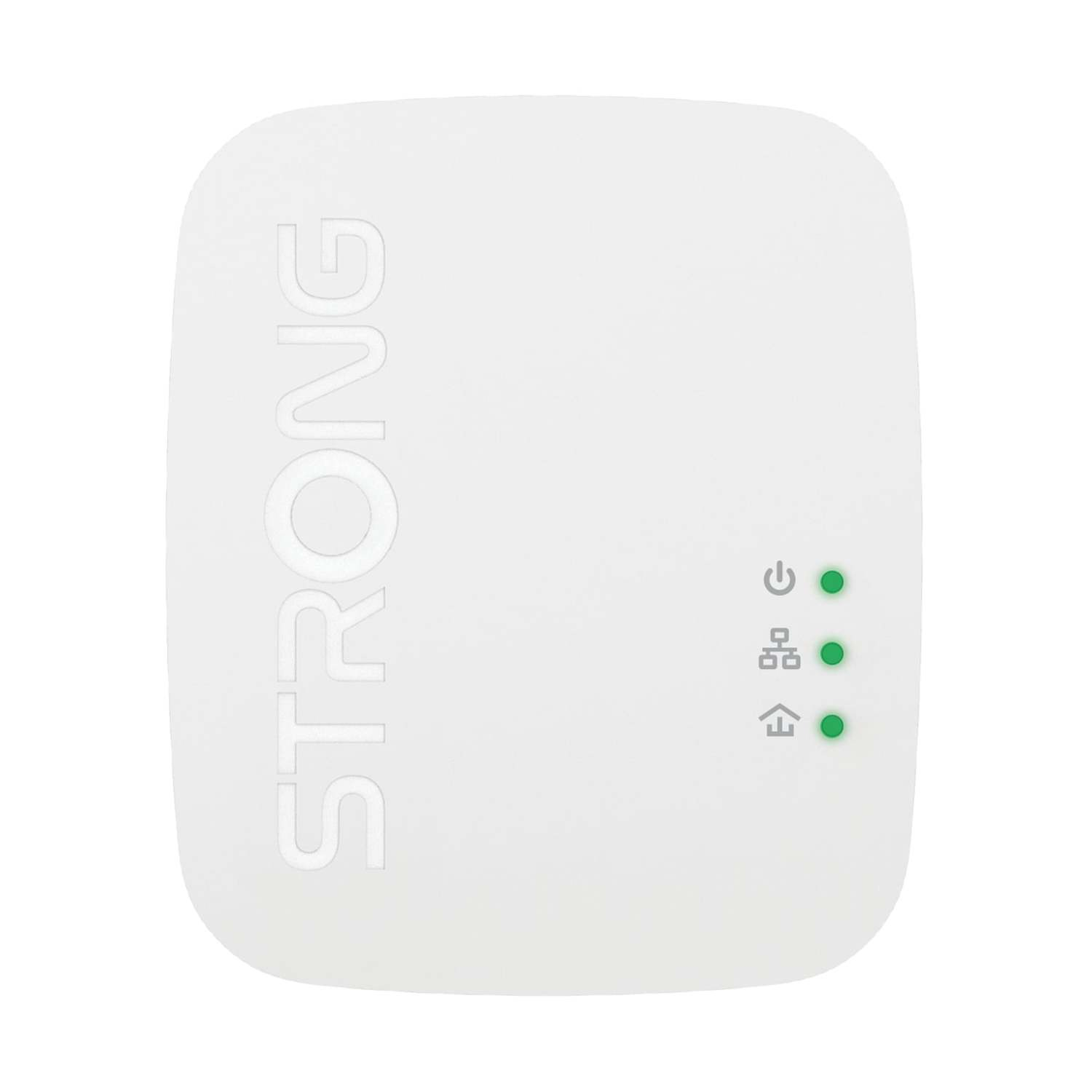 Un dispositivo bianco con la scritta STRONG. Ha spie verdi e caratteri coreani sul lato destro.
