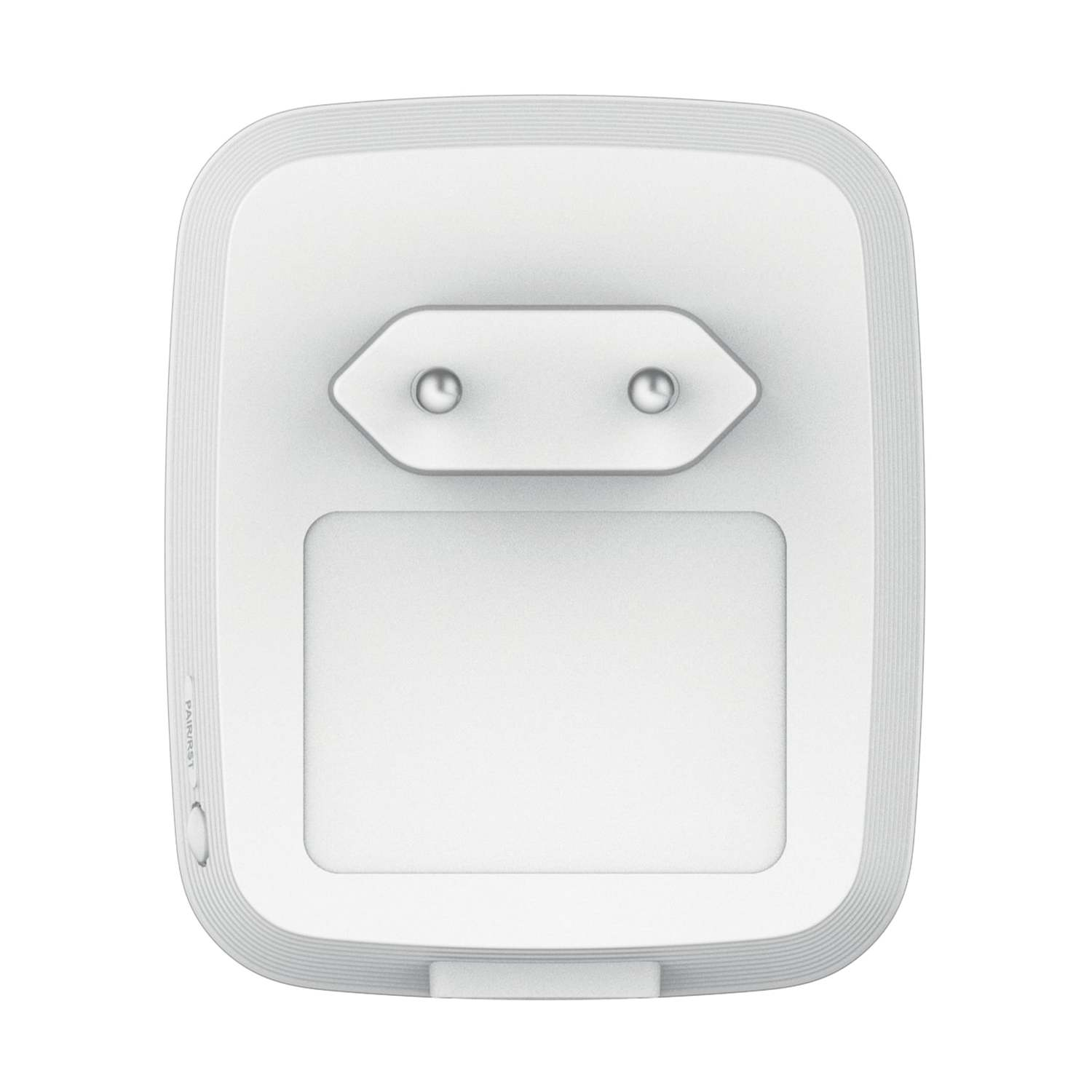 Un dispositivo elettrico bianco con presa e sezione rettangolare sottostante. Ha una forma quadrata e arrotondata.