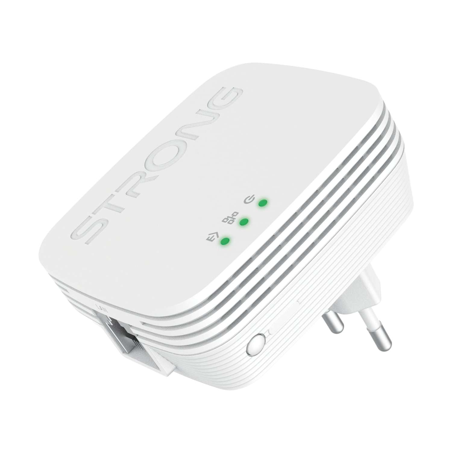 Un adattatore powerline Strong bianco. Ha spie verdi e una spina. La parola STRONG è visibile.
