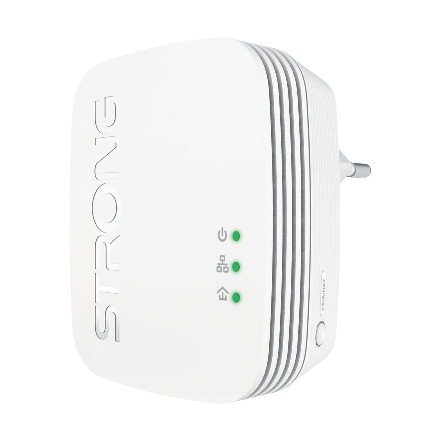 Un extender Wi-Fi Strong bianco con linee verticali sul lato, una spina e spie di stato.