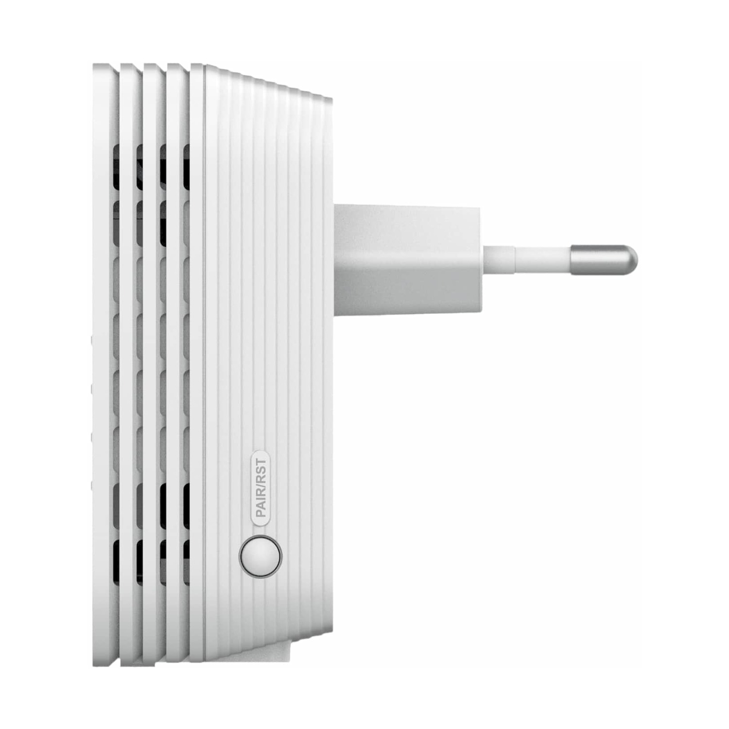 Un dispositivo bianco e rettangolare con una spina. Ha un pulsante con l'etichetta 'PAIR/RST'. Il dispositivo ha fessure e creste di ventilazione.