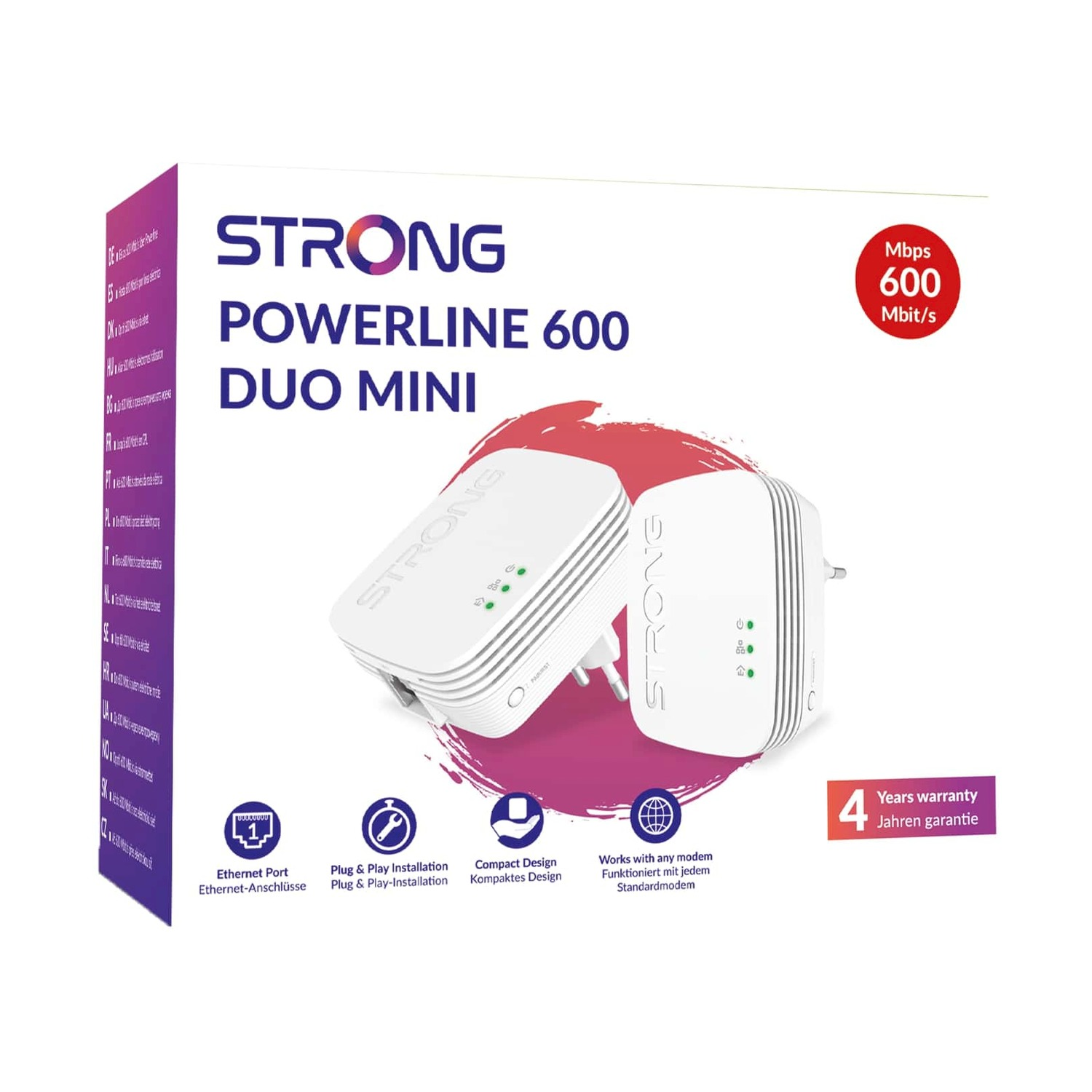 Un dispositivo bianco Strong Powerline 600 Duo Mini con spina. Ha 4 anni di garanzia e una velocità di 600 Mbit/s.