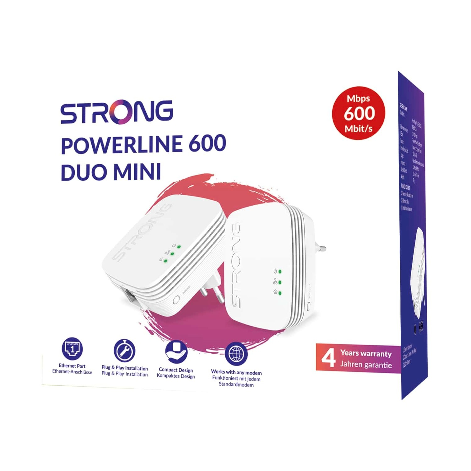 Adattatori bianchi Strong Powerline 600 Duo Mini. Cerchio rosso con 600 Mbps. Testo: Porta Ethernet, Plug & Play, Design compatto, 4 anni di garanzia.