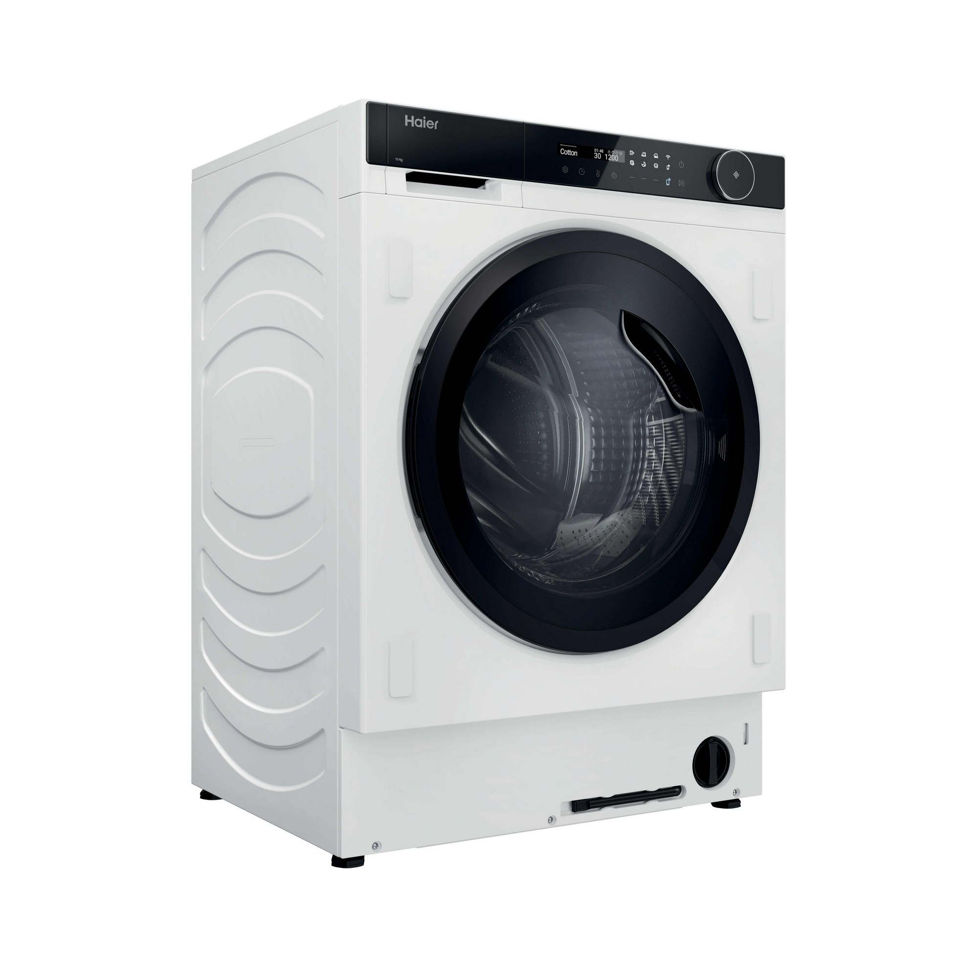 Una lavadora Haier blanca con puerta y panel de control negros. La puerta es redonda y el interior oscuro.