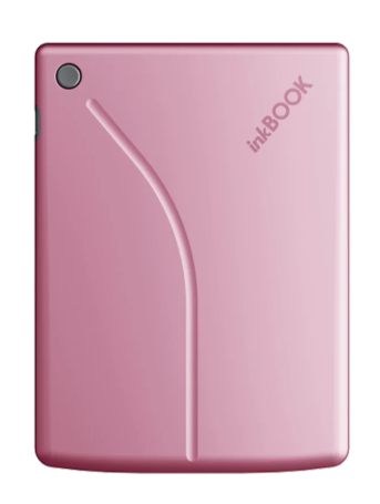 Różowy czytnik e-booków Inkbook. Ma zakrzywiony element na przodzie i okrągły przycisk u góry.