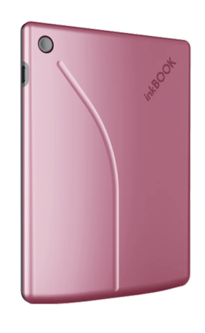 Różowy czytnik e-booków Inkbook. Ma zakrzywiony design, aparat i nazwę marki po prawej stronie. Tło jest białe.