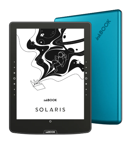 Czytnik e-booków Inkbook Solaris, czarny przód, turkusowy tył, z ilustracją o tematyce kosmicznej. Z tyłu logo Inkbook.
