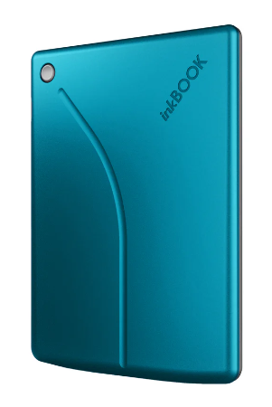 Turkusowy czytnik e-booków Inkbook. Ma zakrzywiony design, przycisk i logo Inkbook. Tło jest białe.
