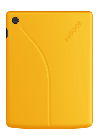 Pomarańczowe etui na tablet Inkbook. Ma czarny przycisk i nazwę marki w prawym górnym rogu. Z lewej strony znajduje się zakrzywiona linia.