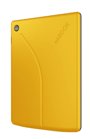 Żółty czytnik e-booków InkBOOK. Ma zakrzywioną konstrukcję, obiektyw aparatu i wytłoczoną nazwę marki na okładce.