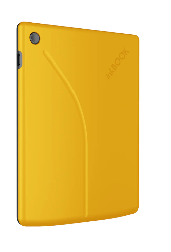 Żółty tablet inkBOOK. Ma zakrzywiony wzór na okładce i małe czarne kółko w lewym górnym rogu.