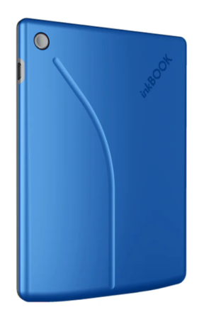 Niebieskie urządzenie Inkbook o zakrzywionej konstrukcji. Widoczna kamera i nazwa marki. Tło jest białe.
