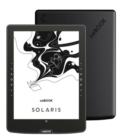 Czarny czytnik e-booków InkBOOK Solaris z ilustracją kosmiczną na ekranie. Z tyłu drugi czytnik z logo InkBOOK.
